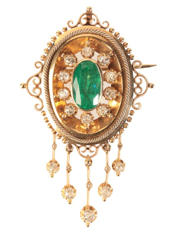 AN ETRUSCAN REVIVAL EMERALD AND DIAMOND BROOCH / PENDANT