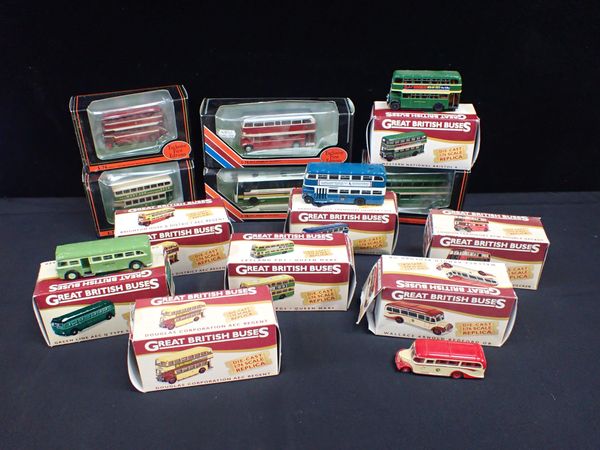 A COLLECTION OF BOXED DIECAST MODELS OF BUSES