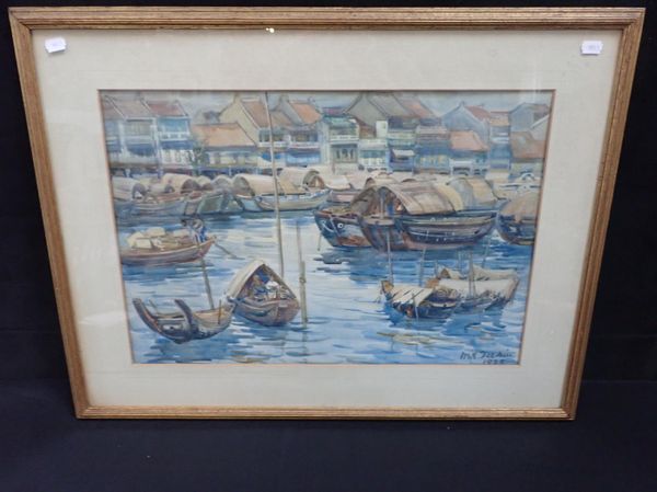 M.E. FELKIN: WATERCOLOUR SINGAPORE BOAT SCENE