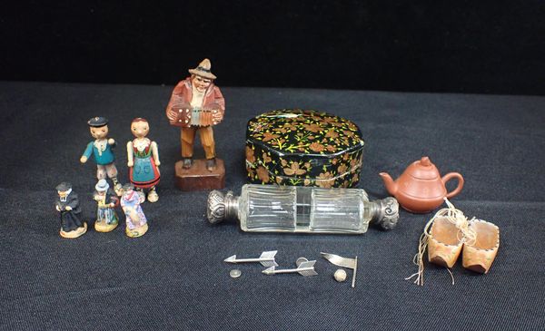A PAPIER MACHE BOX, SMALL WOOODEN FIGURES
