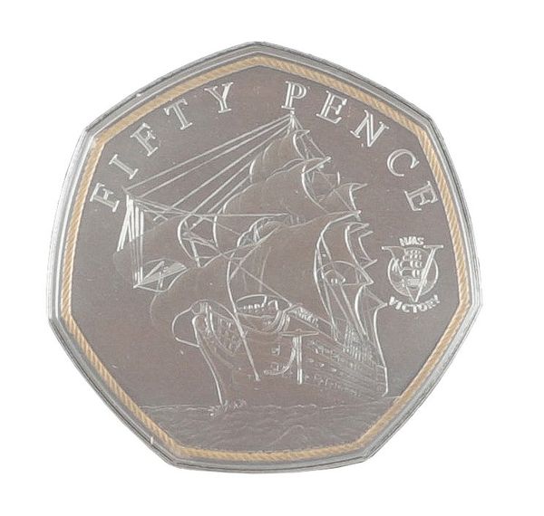 AN "HMS VICTORY" SILVER 5 OZ FIFTY PENCE COIN