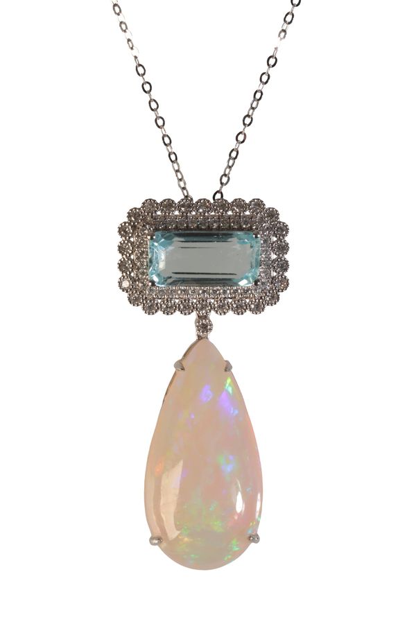 AN OPAL, AQUAMARINE AND DIAMOND PENDANT NECKLACE