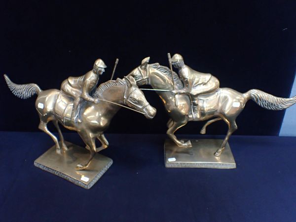 TWO BRASS HORSES WITH JOCKEYS UP