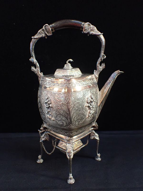 AN INDIAN STYLE TEA KETTLE ON STAND, MAKER WH & S