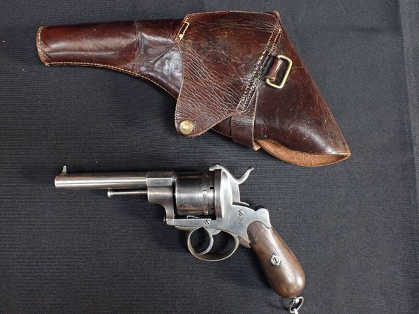 A PIN FIRE PISTOL, WITH LEATHER HOLSTER