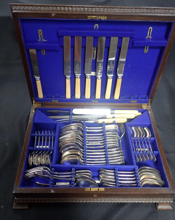 A SILVER-PLATED PART CANTEEN, OAK CASED