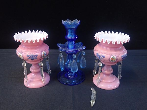 A PAIR OF VICTORIAN PINK OVERLAY GLASS TABLE LUSTRES