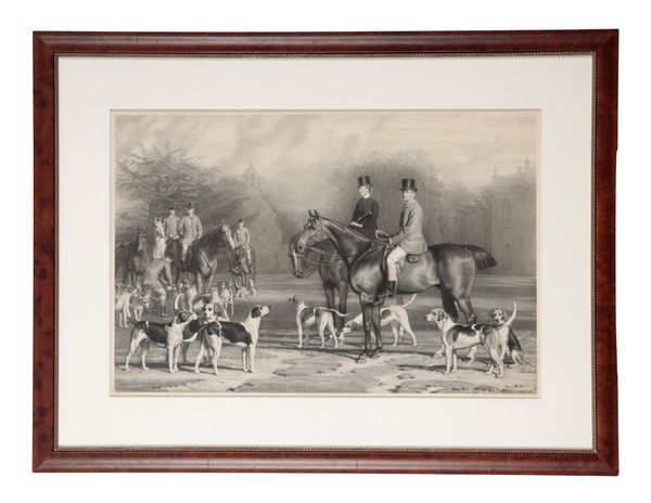 A LARGE ENGRAVING OF A HUNTING SCENE