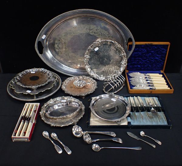 A COLLECTION OF SILVER-PLATED TRAYS, SALVERS