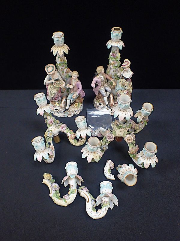A PAIR OF POTSCHAPPEL DRESDEN PORCELAIN FIVE SCONCE CANDLEBRA