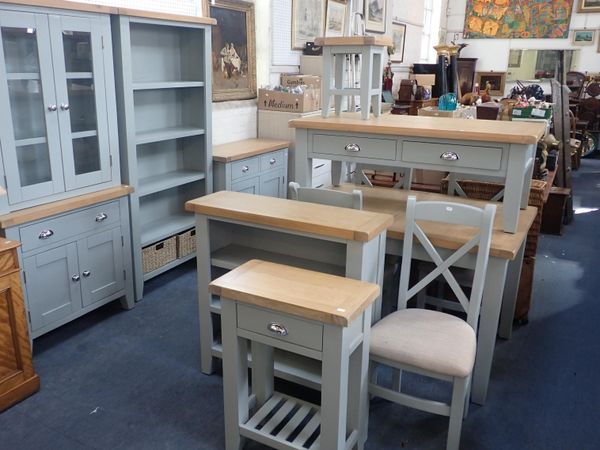A SUITE OF MODERN GREY FINISH AND LIGHT OAK TOP FURNITURE