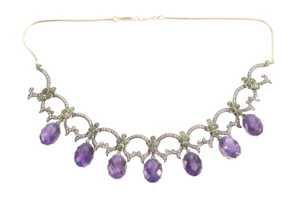 AN ART NOUVEAU STYLE AMETHYST, GARNET AND DIAMOND FRINGE NECKLACE