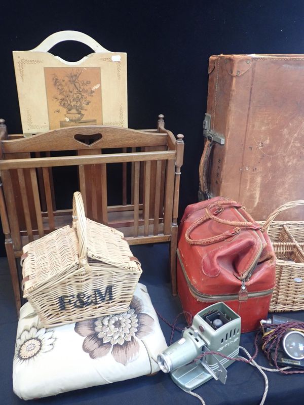 A VINTAGE BROWN LEATHER SUITCASE, AND SUNDRIES