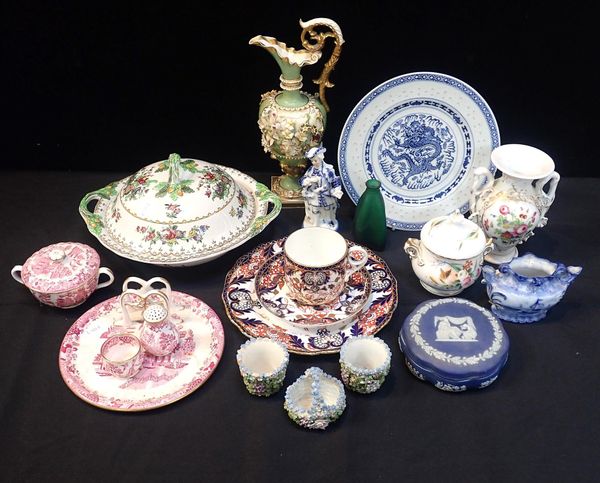 A SPODE COPELAND PINK WILLOW PATTERN BREAKFAST SET FOR ONE