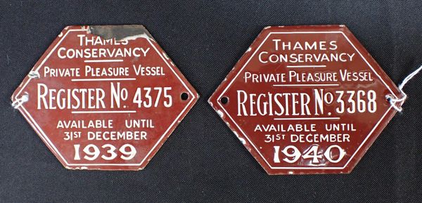 TWO THAMES CONSERVANCY ENAMEL VESSEL REGISTRATION PLAQUES
