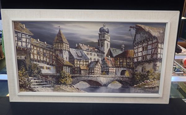 A 1960s OIL PAINTING, GERMAN TOWNSCAPE