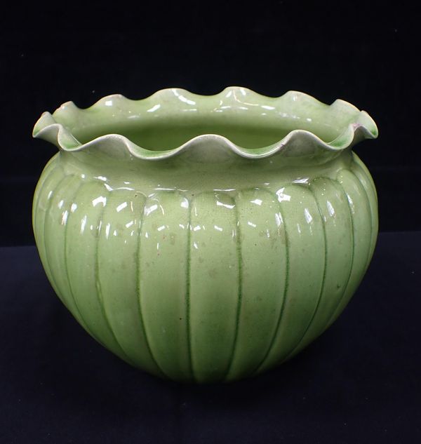 A 19th CENTURY LOBED LIME GREEN JARDINIERE