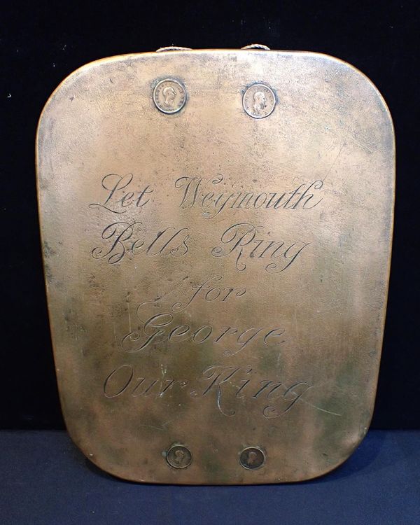 COPPER COMMEMORATIVE PANEL ENGRAVED 'LET WEYMOUTH BELLS RING FOR GEORGE OUR KING