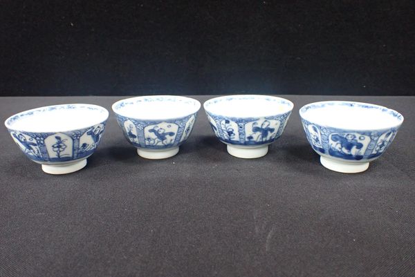 FOUR CHINESE BLUE AND WHITE BOWLS, KANGXI STYLE