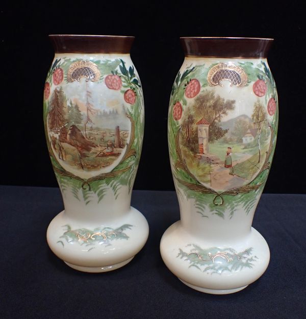 A PAIR OF PAINTED OPALINE GLASS VASES