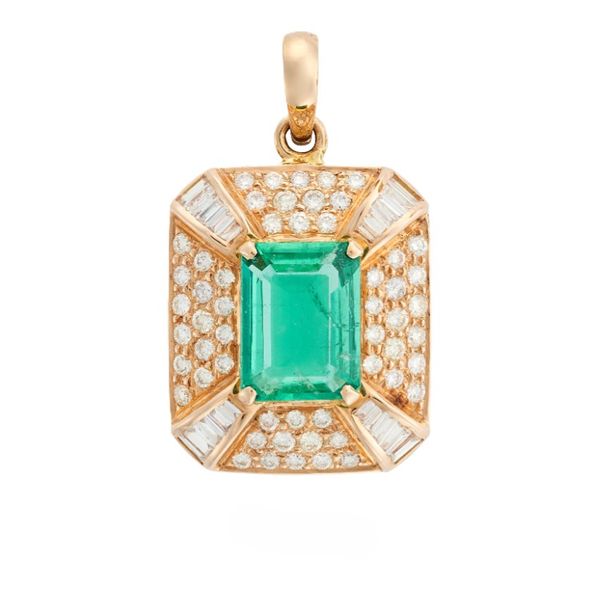 AN EMERALD AND DIAMOND PENDANT