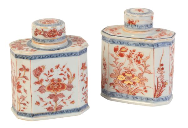 TWO SIMILAR CHINESE EXPORT PORCELAIN TEA CADDIES AND COVERS