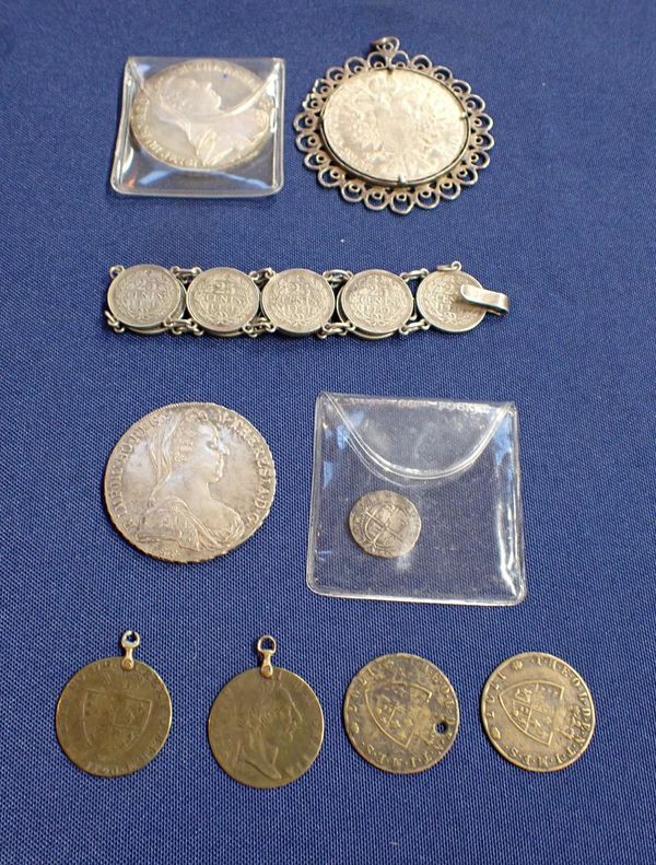 A COLLECTION OF SILVER COINS, SOME MOUNTED