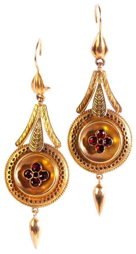 A PAIR OF ANTIQUE ETRUSCAN REVIVAL GARNET DROP EARRINGS