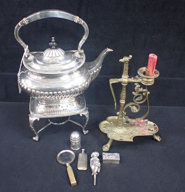 A SILVER-PLATED TEA-KETTLE ON STAND