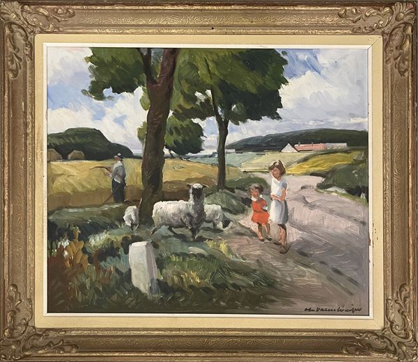 Christian Valentinusen (Danish, 1903 - 1985) 'Sheep at the Crossroads'