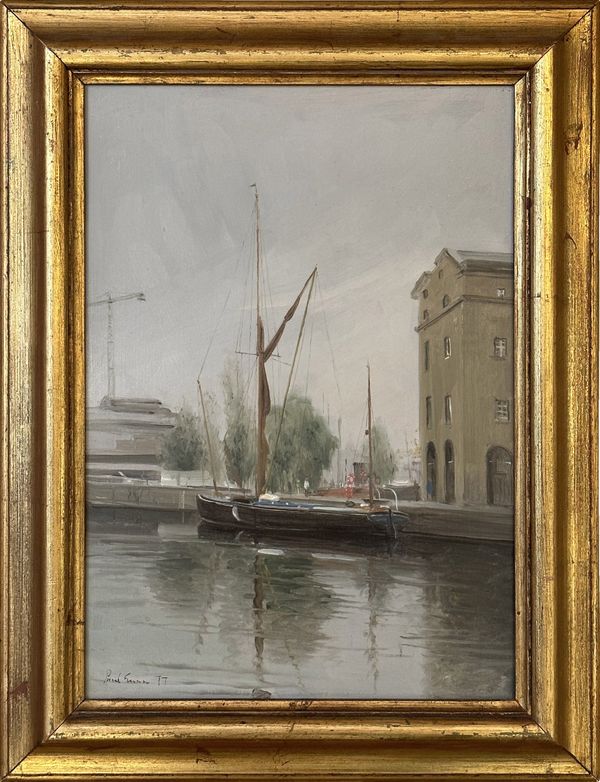 Paul Gunn (Born 1934) ‘Thames Barge moored at St Katherine's Dock, 1977’