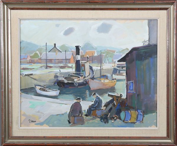 20th Century Swedish School 'Figures by a quayside with Tug'