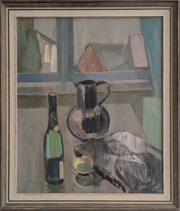 20th Century European School 'Jug & Wine bottle by a window'