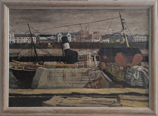 Modern British School  ‘Thames quayside, c 1950s’