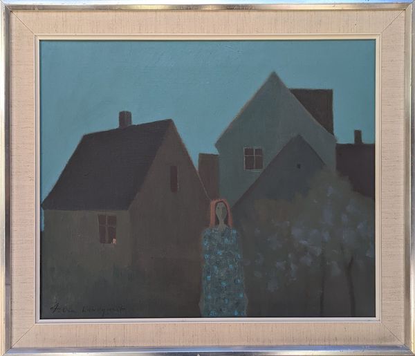 Fabian Lundqvist (1913-1989) 'Nordic Village at Dusk with a Female Figure'