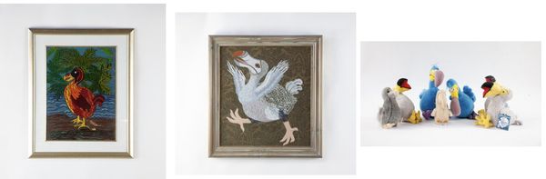 Two Dodo embroideries and soft toys: