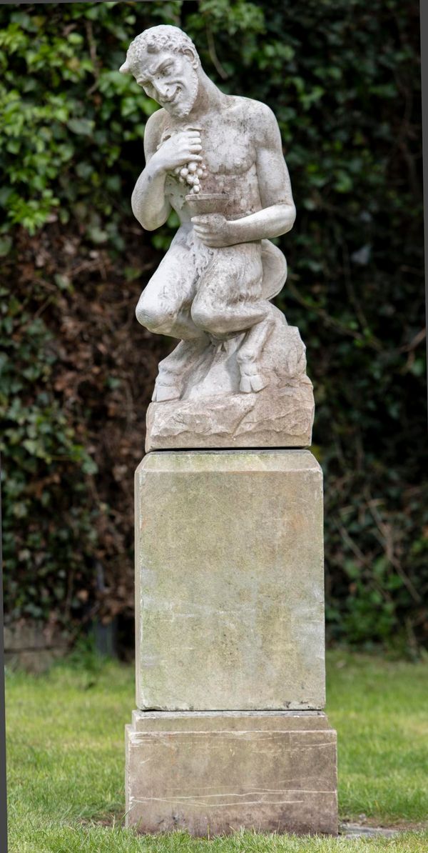 A carved white marble figure of Pan Italian, late 19th century  on marble pedestal 168cm high