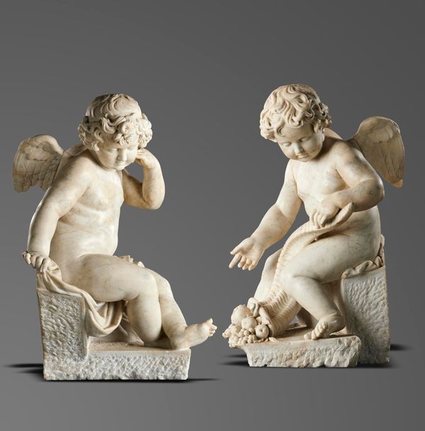 A pair of carved veined white marble cherubs  Northern European, 18th century  92cm high