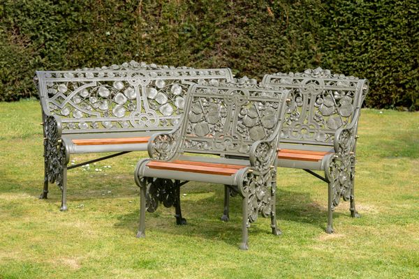 A rare suite of Coalbrookdale Nasturtium pattern cast iron seat and two chairs last quarter 19th century the seat stamped CBDale, with diamond...