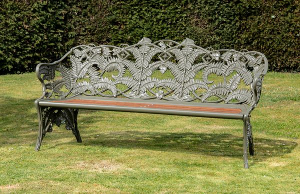 A Coalbrookdale Fern and Blackberry pattern cast iron seat  late 19th century  stamped CBDale and with diamond registration no  185cm long  It is...