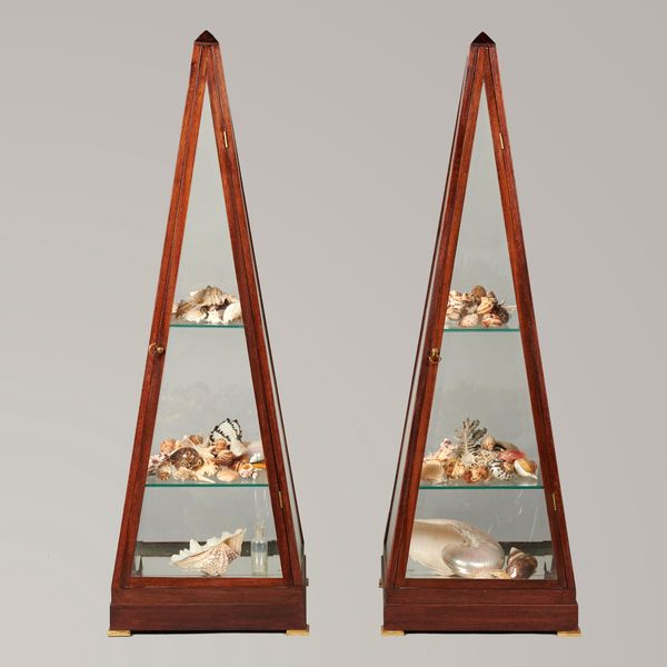 A pair of unusual glazed mahogany obelisk display cabinets 20th century with glass shelves containing a collection of sea shells 120cm high in fitted...