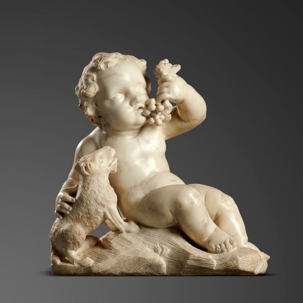 A pair of carved white marble putti with dogs Low Countries, late 17th century the larger 48cm high by 48cm wide by 24cm deep