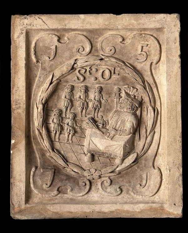 A similar Coade stone boundary marker plaque lacking Coade stamp 30cm high by 25cm wide Provenance: St Olave‘s school, Tooley Street, London