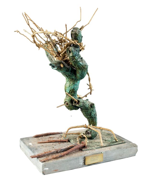 Gerald Moore Somewhere over the Rainbow Bronze, barbed wire and nails On stone base Titled  40cm high Part of the Late Dr Gerald Moore Collection of...