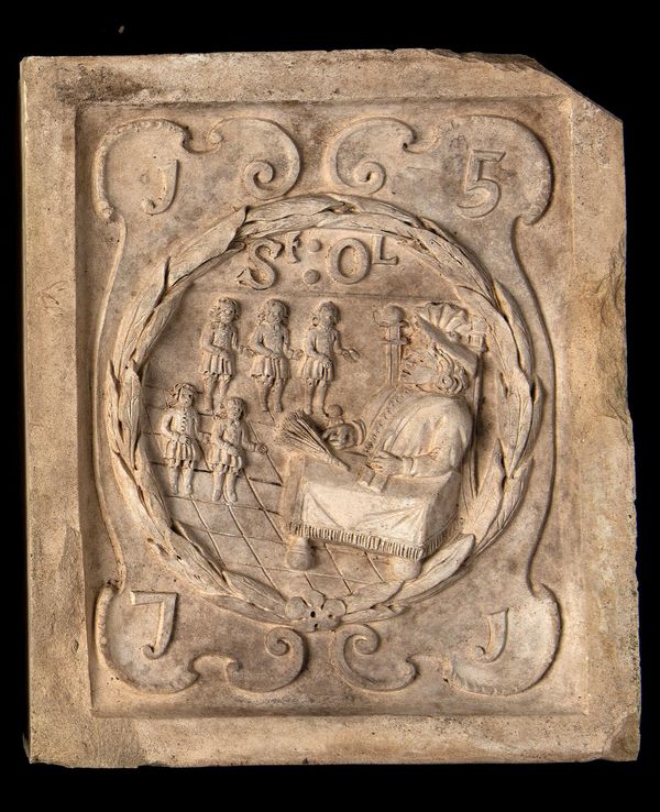 A similar Coade stone boundary marker plaque lacking Coade stamp 30cm high by 25cm wide Provenance: St Olave‘s school, Tooley Street, London