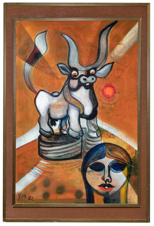 Gerald Moore Europa and the Bull, Concept 1 Initialled and dated ‘82 Signed and titled on reverse Oil on board 90cm by 60cm Part of the Late Dr...