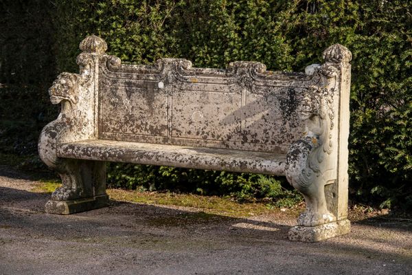 A pair of impressive carved Portland stone seats 19th century 180cm long Provenance: Sold at Sotheby‘s, Summers Place, Sussex, lot 204 and 205, 1st...
