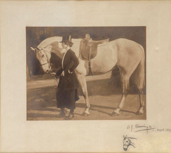 Sir Alfred Munnings RA (British 1878 -1959) A signed photographic print of a lady holding a horse Signed in pencil and dated August 1925 With a small...