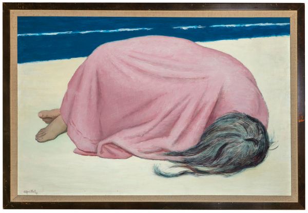 Clifford Hall (British, 1904-1973) Girl sheltering under beach towel Signed and dated ‘67 Oil on board 63.5cm by 92cm Part of the Late Dr Gerald...