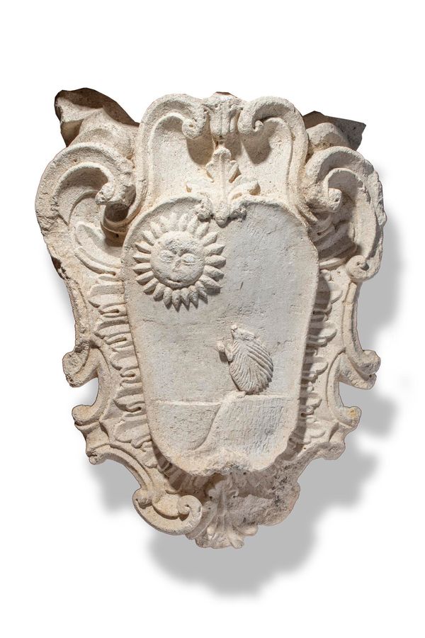 A rare carved limestone armorial from La Suvera, Siena, country villa of  Pope Julius II and the Ricci family carved in high relief with a hedgehog...